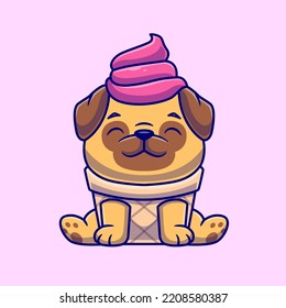 Cute Pug Dog Ice Cream Cone Cartoon Vector Icon Illustration. Animal Food Icon Concept Isolated Premium Vector. Flat Cartoon Style