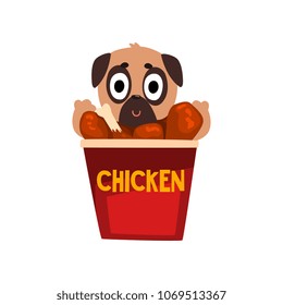 Cute pug dog inside a basket of fried chicken wings, funny dog character inside fast food product vector Illustration on a white background