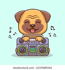 Cute Pug Dog Listening Music With Boombox Cartoon Vector Icon Illustration. Animal Music Icon Concept Isolated Premium Vector. Flat Cartoon Style
