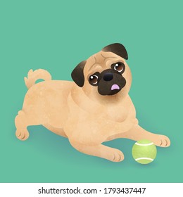 Cute pug dog looking and begging for love on green background. Vector illustration.