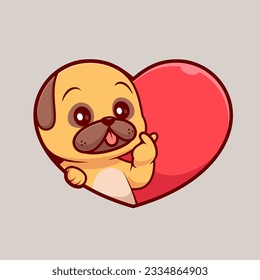 Ilustración del icono del vector de caricatura del corazón del perro de la pug de Cute Love. Vector Premium Aislado De Icono De Festividad Animal. Estilo de dibujo plano