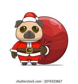 cute pug dog mascot, carrying red bundle bag and wearing santa claus costume, cute animal character wearing christmas costume, front view. kawaii and shiny style, perfect for christmas content