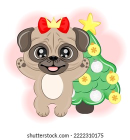 Cute pug dog near the Christmas tree Christmas vector illustration