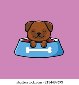 Cute Pug Dog On Food Bowl Cartoon Vector Icon Illustration. Animal Icon Concept Isolated Premium Vector. Flat Cartoon Style