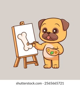 Cute Pug Dog Painting Bone Cartoon Vector Icon Illustration. 
Animal Art Icon Concept Isolated Premium Vector. Flat 
Cartoon Style 