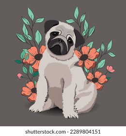 a cute pug dog pet surrounded by beautiful flowers. Vector illustration.