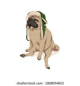 Cute pug dog pet in trapper cap. Adorable friendly purebred chubby domestic animal wearing warm headwear cartoon vector illustration isolated on white background