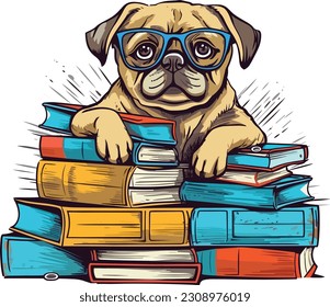 Cute pug dog a pile of books on a white background, Cute pug dog a pile of books Illustration.