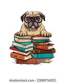 Cute pug dog a pile of books on a white background, Cute pug dog a pile of books Illustration.