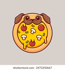 Cute Pug Dog Pizza Cartoon Vector Icon Illustration. Animal Food Icon Concept Isolated Premium Vector. Flat Cartoon Style