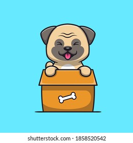 Cute Pug Dog Playing In Box Cartoon Vector Icon Illustration. Animal Nature Icon Concept Isolated Premium Vector. Flat Cartoon Style