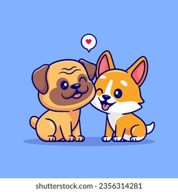 Cute Pug Dog Playing With Corgi Dog Cartoon Vector Icon Illustration. Animal Nature Icon Concept Isolated Premium Vector. Flat Cartoon Style