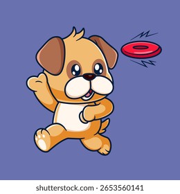Pug cachorro bonito brincando Frisbee Desenho animado de ilustração