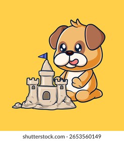 Pug Cão bonito jogando castelo de areia na praia Desenho animado de ilustração