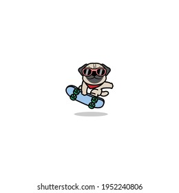 Cute pug dog playing skateboard cartoon, vector illustration