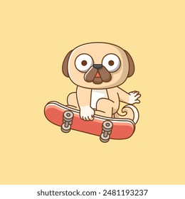 a Cute pug dog Playing Skateboard animal kawaii chibi character mascot illustration outline style