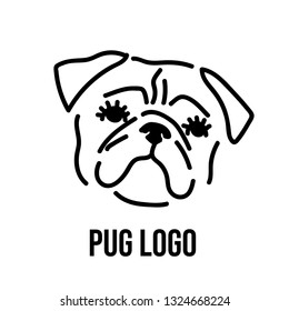 Cute Pug Dog portrait. Cartoon Style. Minimalist logo. Can be used for t-shirt print, kids wear fashion design, baby shower invitation card.