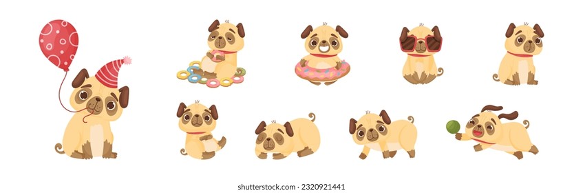 Cute Pug Dog Puppy Engaged in Different Activity Vector Set