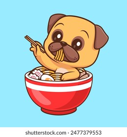 Cute Pug Dog In Ramen Noodle With Chopstick Cartoon Vector Icon Illustration. Animal Food Icon Concept Isolated Premium Vector. Flat Cartoon Style