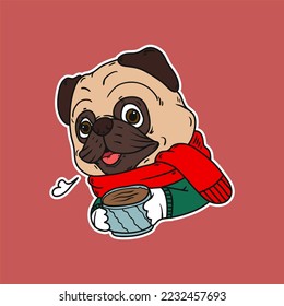 Cute Pug Dog With Red Scarf and a Cup of Coffee