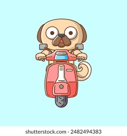 a Cute pug dog riding scooter animal kawaii chibi character mascot illustration outline style design