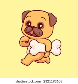 Cute Pug Hund läuft mit Knochencartoon Vektorsymbol Illustration. Tiernatur-Symbol Konzept isolierter Premium-Vektorgrafik. Flachbildkartonstil