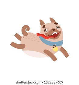 Cute Pug Dog Running with Tongue Out, Funny Friendly Animal Pet Character Vector Illustration