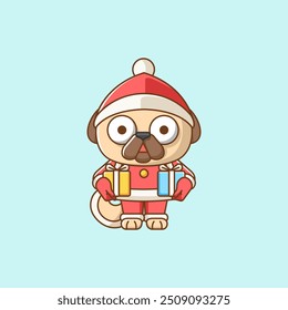 Cute pug dog santa claus animal kawaii chibi character mascot illustration outline style design set