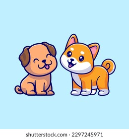 Cute Pug Dog With Shiba Inu Dog Cartoon Vector Icon Illustration. Animal Nature Icon Concept Isolated Premium Vector. Flat Cartoon Style