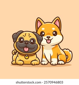 Cute Pug Dog And Shiba Inu Dog Sitting Together Cartoon 
Vector Icon Illustration. Animal Nature Icon Concept Isolated 
Premium Vector. Flat Cartoon Style 