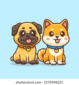 Cute Pug Dog And Shiba Inu Dog Sitting Together Cartoon 
Vector Icon Illustration. Animal Nature Icon Concept Isolated 
Premium Vector. Flat Cartoon Style