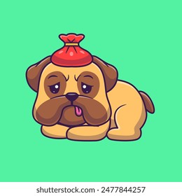 Cute Pug Dog Sick Fever Cartoon Vector Icon Illustration. Animal Healthy Icon Concept Isolated Premium Vector. Flat Cartoon Style