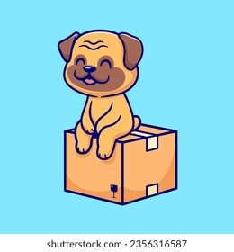 Cute Pug Dog Sitting On Cardboard Box Cartoon Vector Icon Illustration. Animal Object Icon Concept Isolated Premium
Vector. Flat Cartoon Style