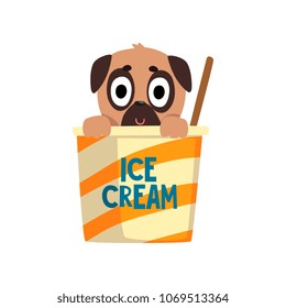 Cute pug dog sitting in a paper cup with ice cream, funny dog character inside fast food product vector Illustration on a white background