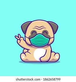 Cute Pug Dog Sitting And Wearing Mask Cartoon Vector Icon Illustration. Animal Healthy Icon Concept Isolated Premium Vector. Flat Cartoon Style