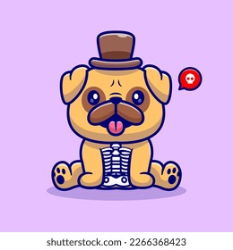 Cute Pug Dog Skeleton Cartoon Vector Icon Illustration. Animal Holiday Icon Concept Isolated Premium Vector. Flat Cartoon Style