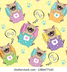 Cute pug dog sleeping on a pillow seamless pattern on a yellow background