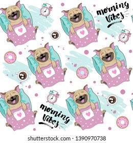 Cute pug dog sleeping on a pillow and the inscription Morning Vibes seamless pattern on a white background
