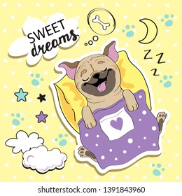 Cute pug dog sleeping on a pillow on a yellow background