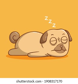 cute pug dog sleeping on orange background