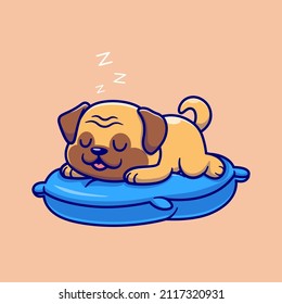 Cute Pug Dog Sleeping On Pillow Cartoon Vector Icon Illustration. Animal Nature Icon Concept Isolated Premium Vector. Flat Cartoon Style