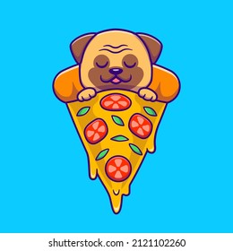 Cute Pug Dog Sleeping On Pizza Cartoon Vector Icon Illustration. Animal Food Icon Concept Isolated Premium Vector. Flat Cartoon Style