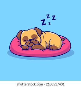 Cute Pug Dog Sleeping On Pillow Cartoon Vector Icon Illustration. Animal Nature Icon Concept Isolated Premium Vector. Flat Cartoon Style