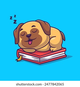 Cute Pug Dog Sleeping On Book Cartoon Vector Icon Illustration. Animal Education Icon Concept Isolated Premium Vector. Flat Cartoon Style