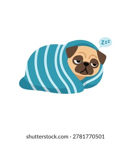 Cute Pug Dog Sleeping Wrapped in Blanket, Cozy Puppy Napping Character Vector Illustration for Sleep and Comfort Themes