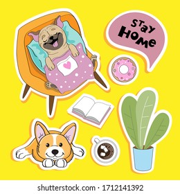 A cute pug dog sleeps on an armchair and the inscription stay home, coffee and donut. Quarantine concept. Vector illustration fashion patch badges on a yellow background