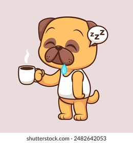 Cute Pug Dog Sleepy Holding Coffee Cartoon Vector Icon Illustration. Animal Drink Icon Concept Isolated Premium Vector. Flat Cartoon Style