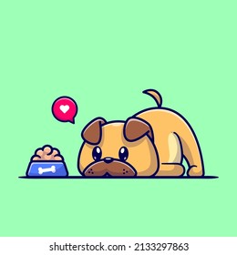 Cute Pug Dog Smelling Food Cartoon Vector Icon Illustration. Animal Food Icon Concept Isolated Premium Vector. Flat Cartoon Style