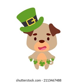 Cute pug dog in St. Patrick's Day leprechaun hat holds shamrocks. Irish holiday folklore theme. Cartoon design for cards, decor, shirt, invitation. Vector stock illustration.