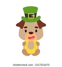 Cute pug dog St. Patrick's Day leprechaun hat holds horseshoe. Irish holiday folklore theme. Cartoon design for cards, decor, shirt, invitation. Vector stock illustration.